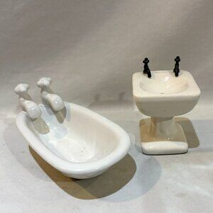 Ceramic Porcelain Miniature Bathtub and Sink For Doll House